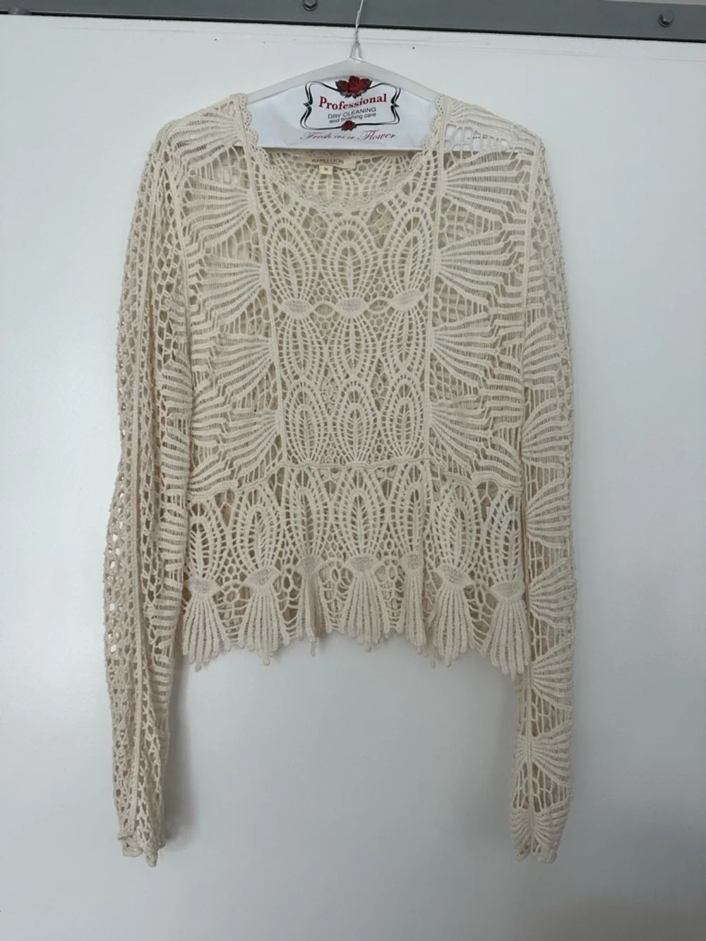 Rebellion Crochet Fringe Long-Sleeve Crop Top in Cream - Picture 6 of 8